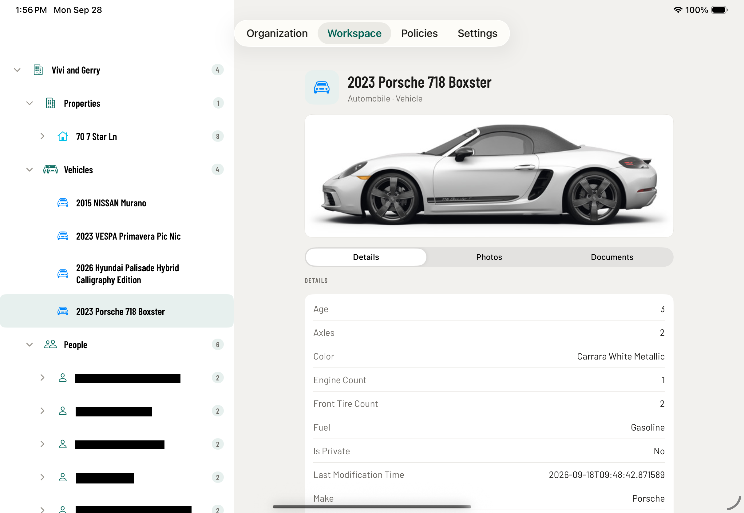 The UnifyOS iPad app in split view showing a household
