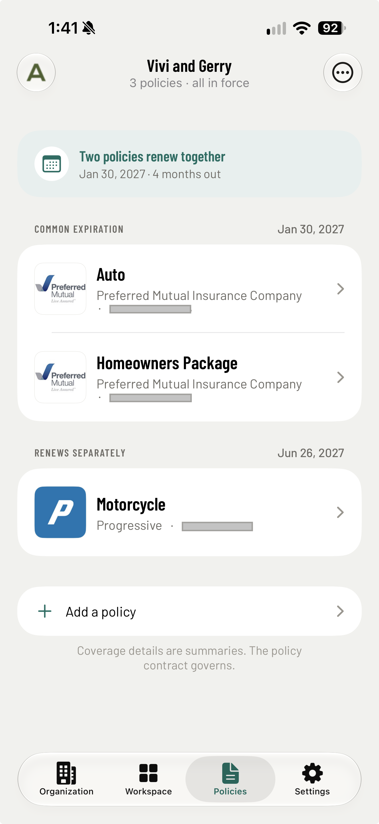 The UnifyOS iPhone app showing a household's policies