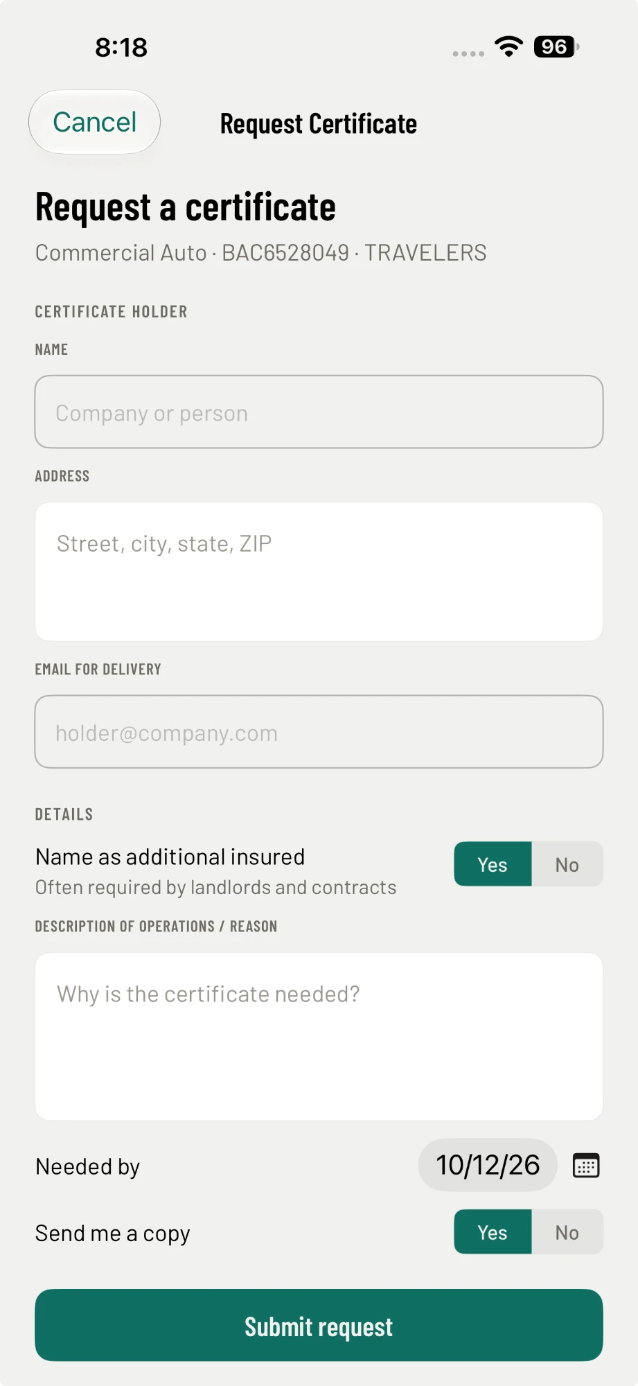 Requesting a certificate of insurance in the UnifyOS iPhone app