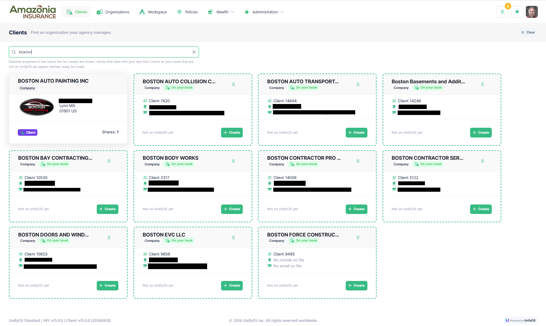 Client search showing UnifyOS households alongside HawkSoft clients
