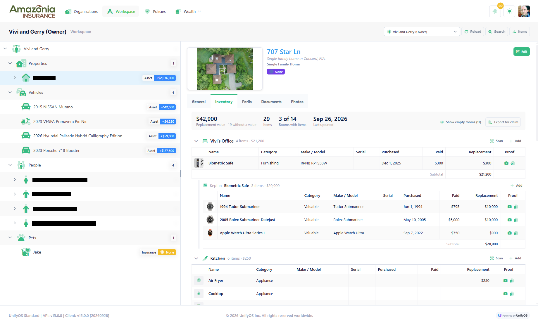 The inventory tab comparing a home's contents with its Coverage C limit