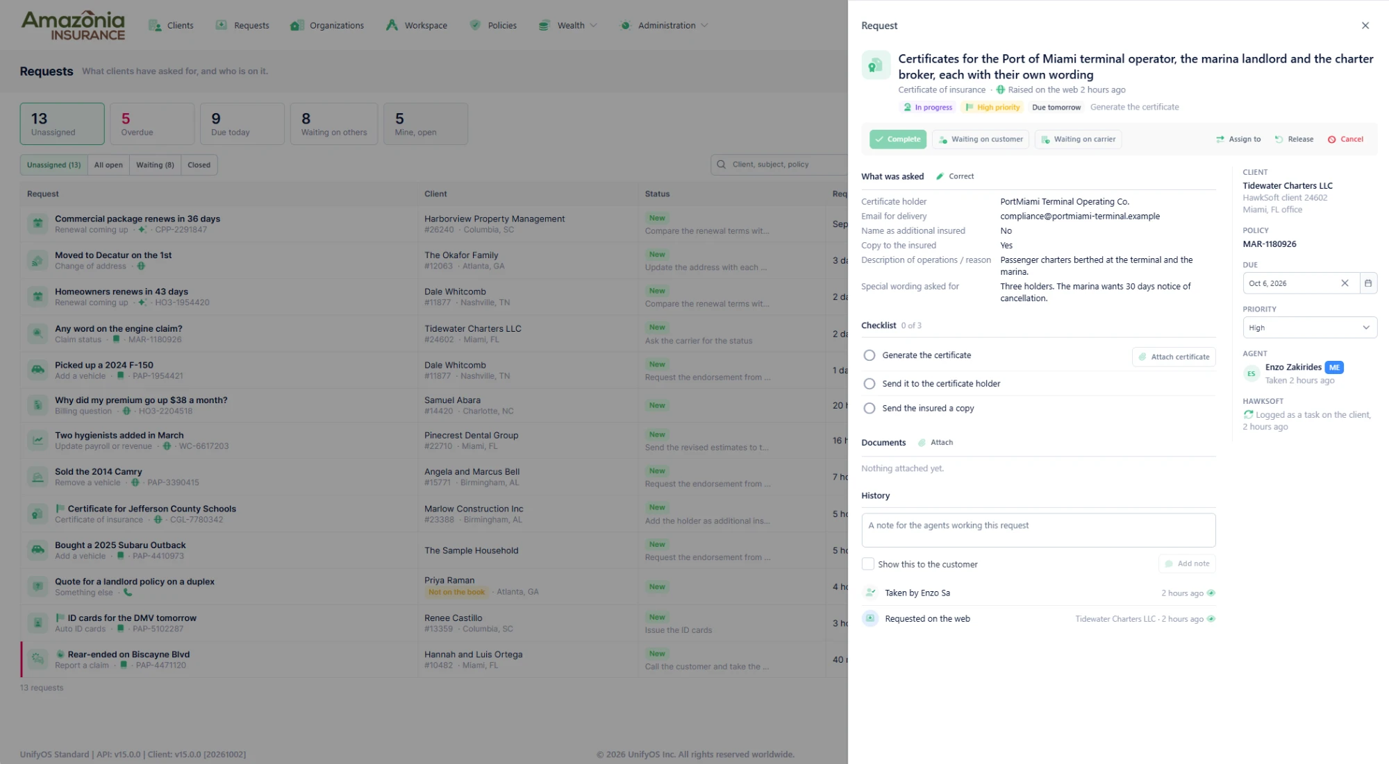 A certificate request with its checklist, details, due date and history